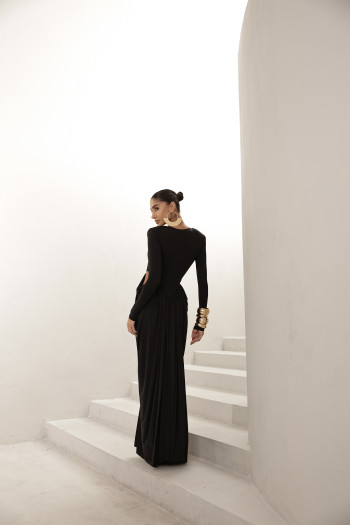 VESTIDO PARIS MANGA LONGA SAIA DRAPEADA - PRETO