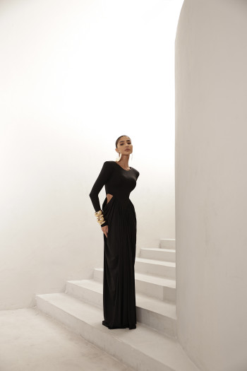 VESTIDO PARIS MANGA LONGA SAIA DRAPEADA - PRETO