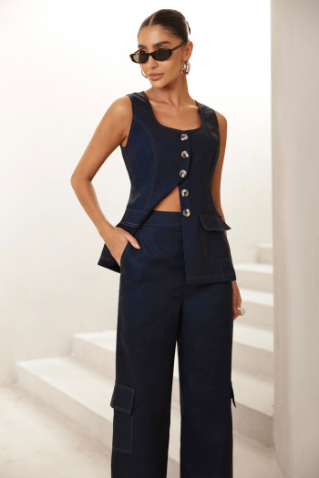 CONJUNTO REGATA E CALÇA MILANO LINHO - AZUL MARINHO