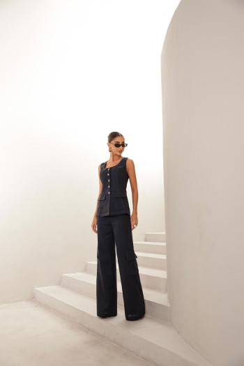 CONJUNTO REGATA E CALÇA MILANO LINHO - AZUL MARINHO