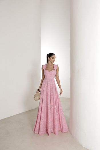 VESTIDO LONGO EM LAISE CURAÇAO COM BABADOS - ROSA