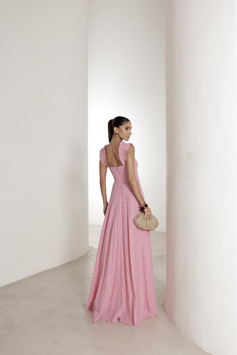 VESTIDO LONGO EM LAISE CURAÇAO COM BABADOS - ROSA