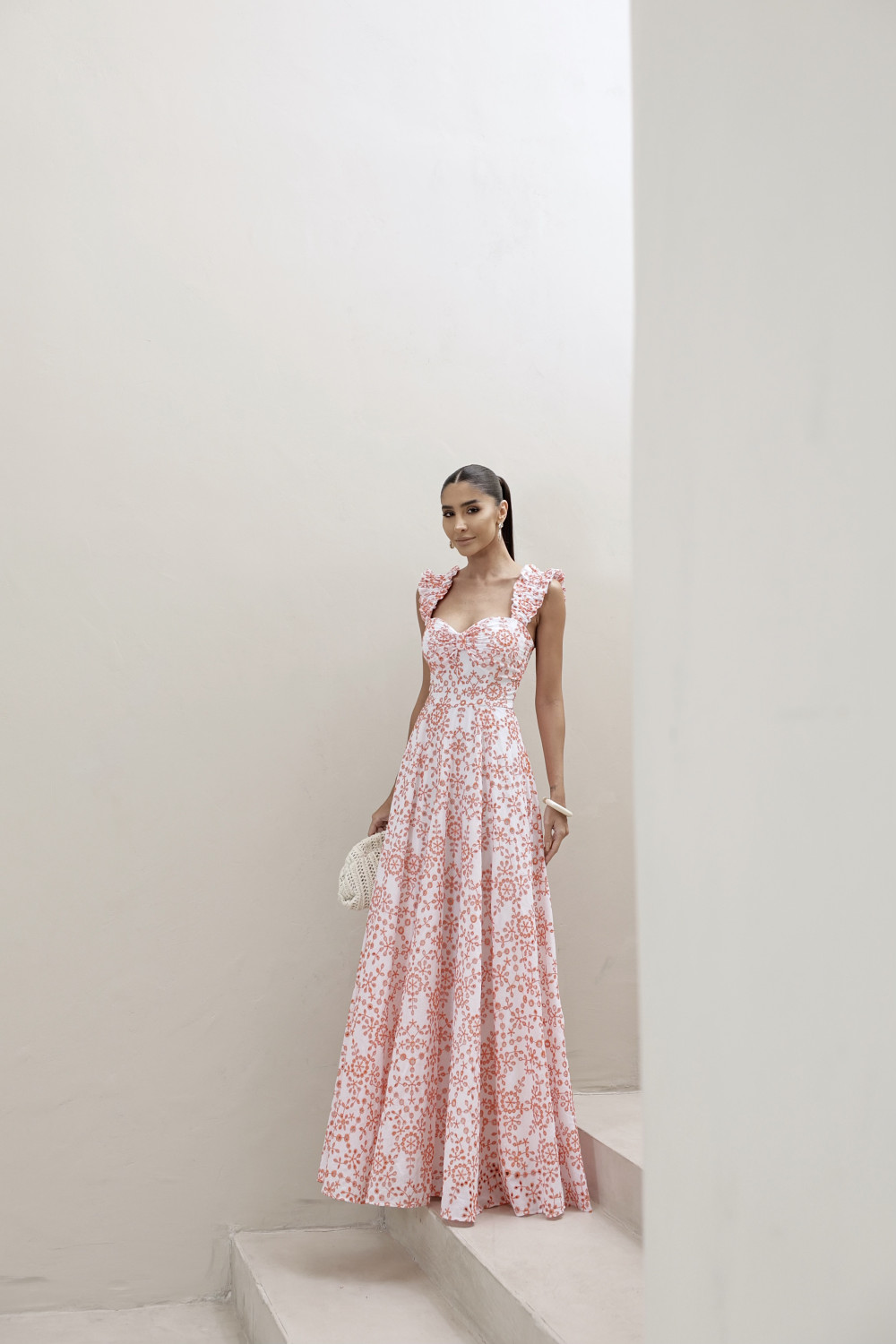 VESTIDO LONGO EM LAISE CURAÇAO COM BABADOS - LARANJA