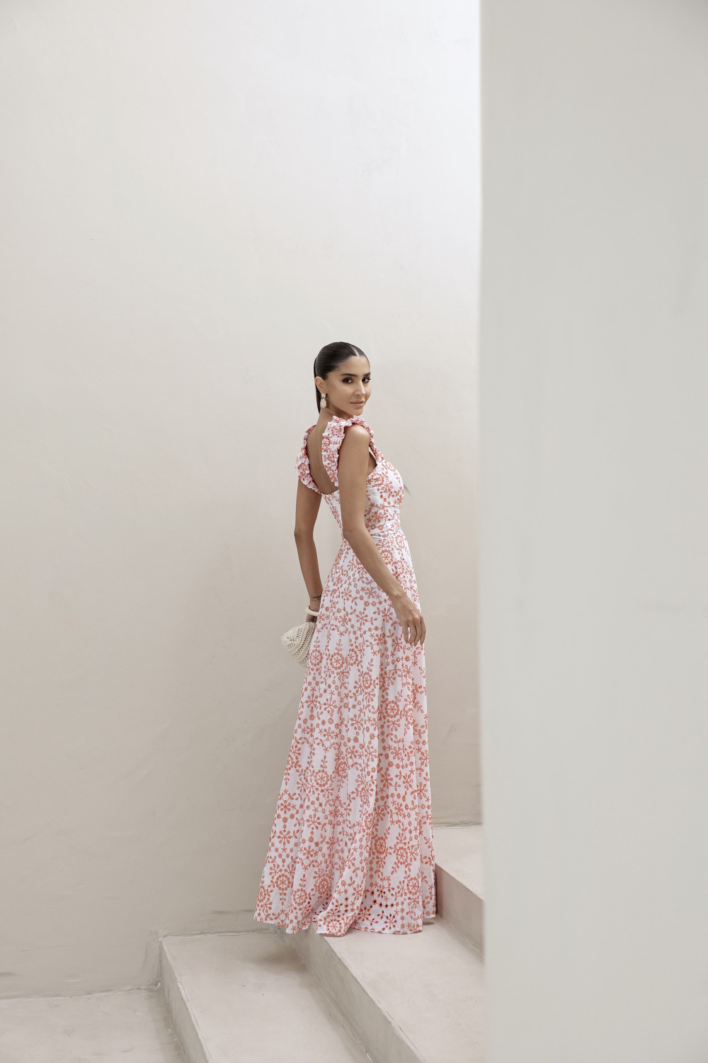 VESTIDO LONGO EM LAISE CURAÇAO COM BABADOS - LARANJA