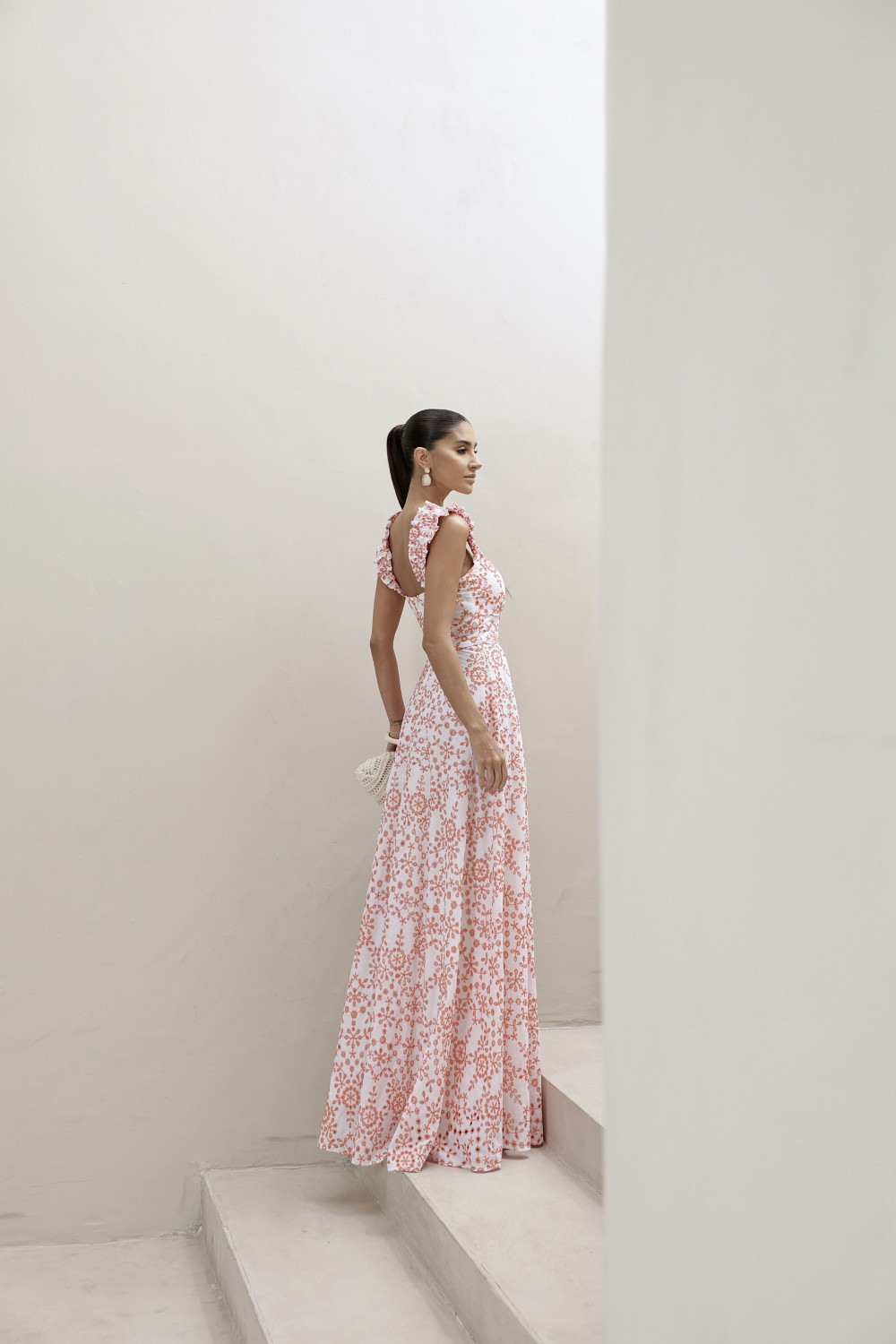 VESTIDO LONGO EM LAISE CURAÇAO COM BABADOS - LARANJA