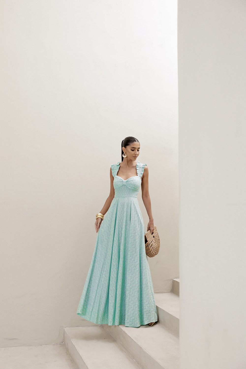 VESTIDO LONGO EM LAISE CURAÇAO COM BABADOS - TURQUESA