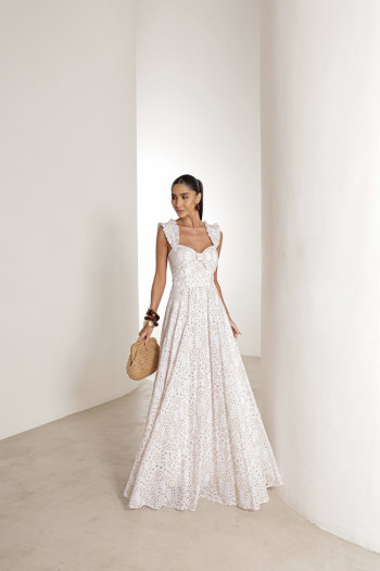 VESTIDO LONGO EM LAISE CURAÇAO COM BABADOS - BRANCO COM BEGE