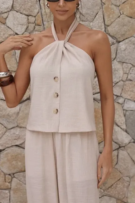 CONJUNTO CHLOÉ BLUSA FRENTE ÚNICA - AREIA