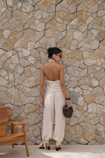 CONJUNTO CHLOÉ BLUSA FRENTE ÚNICA - AREIA