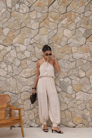 CONJUNTO CHLOÉ BLUSA FRENTE ÚNICA - AREIA