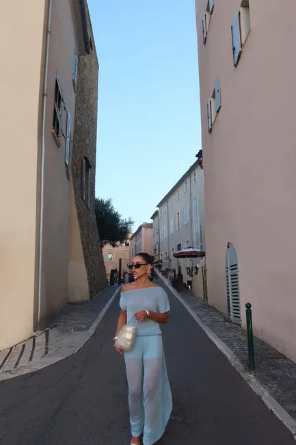 CONJUNTO BLUSA E CALÇA TULE GLAM - AZUL CLARO