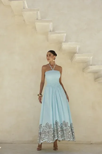 VESTIDO GRAMADO LAISE BARRADO - AZUL CLARO