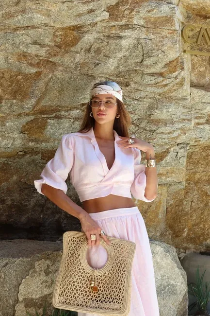 CONJUNTO SAIA LINHO PURO - ROSA CLARO