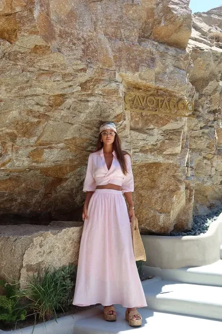 CONJUNTO SAIA LINHO PURO - ROSA CLARO