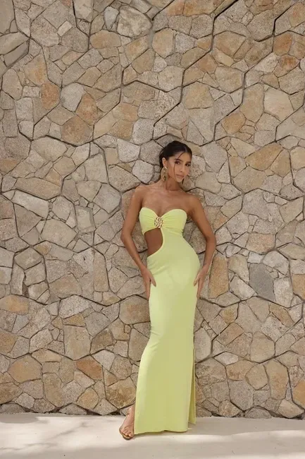 VESTIDO LONGO T.Q.C RECORTE LATERAL E ARGOLA - LIMA