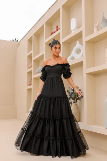 VESTIDO CAMILA LONGO TULE POÁ - PRETO