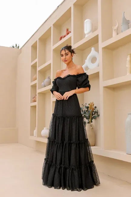 VESTIDO CAMILA LONGO TULE POÁ - PRETO