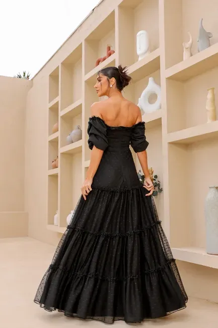 VESTIDO CAMILA LONGO TULE POÁ - PRETO