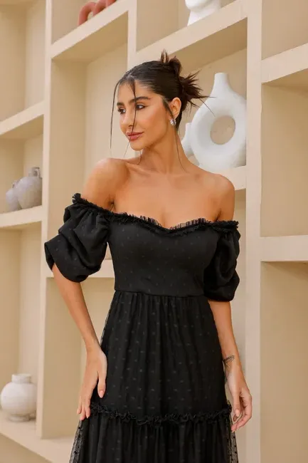 VESTIDO CAMILA LONGO TULE POÁ - PRETO