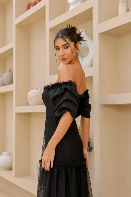 VESTIDO CAMILA LONGO TULE POÁ - PRETO