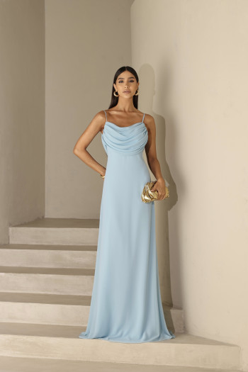 VESTIDO YOLANDA LONGO DRAPEADO BUSTO E COSTAS - AZUL SERENITY