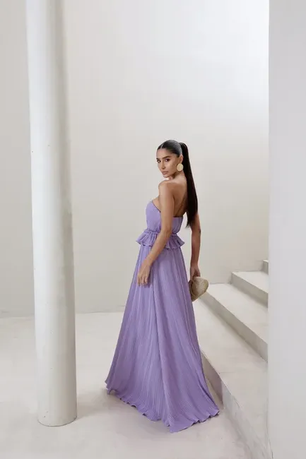 VESTIDO LONGO CREPE PLISSADO MALDIVAS - LILÁS