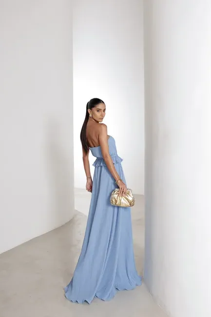 VESTIDO LONGO CREPE PLISSADO MALDIVAS - AZUL SERENITY