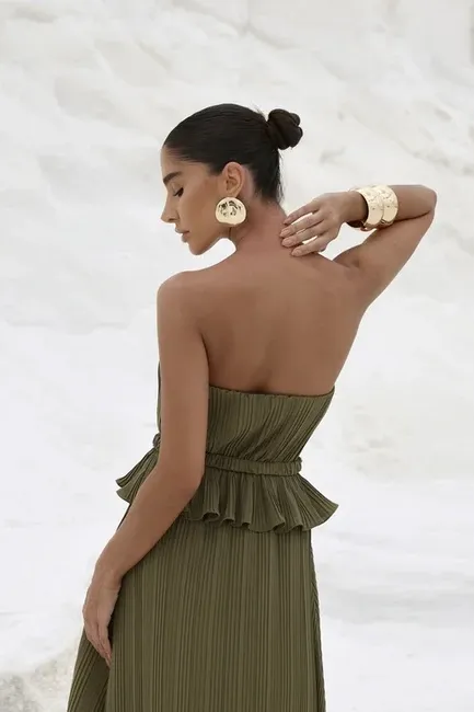 VESTIDO LONGO CREPE PLISSADO MALDIVAS - VERDE MUSGO