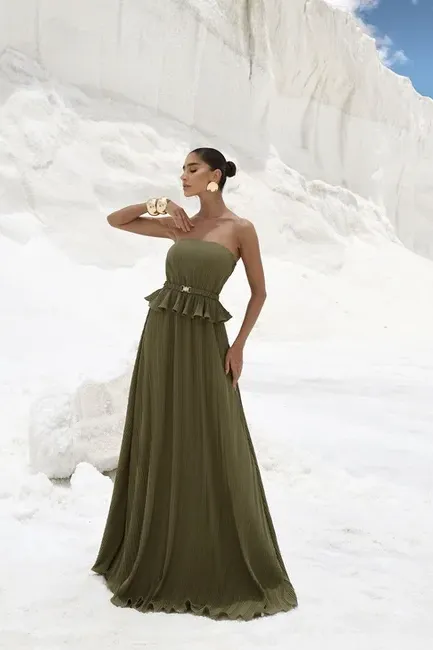VESTIDO LONGO CREPE PLISSADO MALDIVAS - VERDE MUSGO