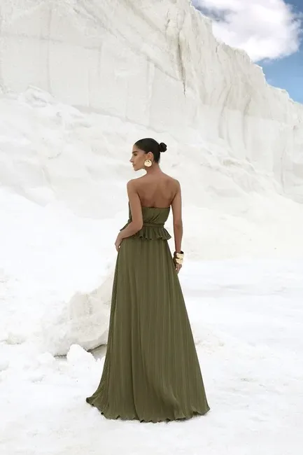 VESTIDO LONGO CREPE PLISSADO MALDIVAS - VERDE MUSGO