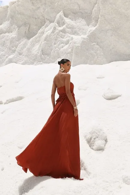 VESTIDO LONGO CREPE PLISSADO MALDIVAS - TERRACOTA