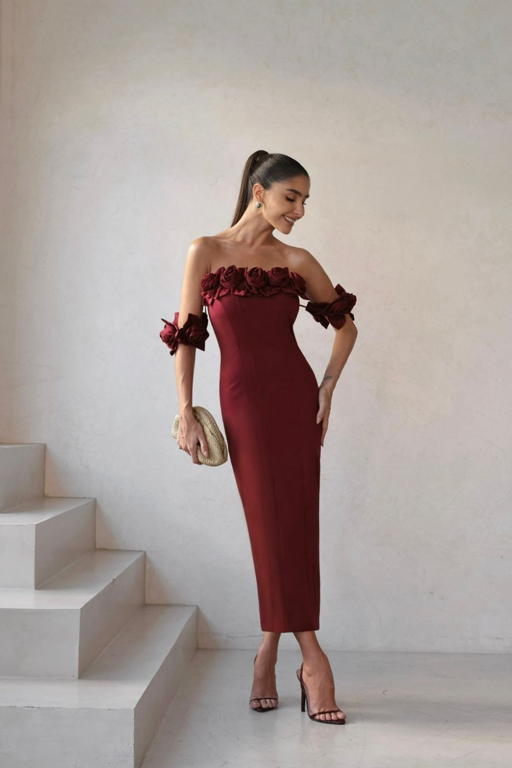 VESTIDO INGLATERRA MIDI DETALHE FLORES - MARSALA