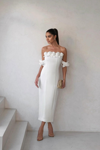 VESTIDO INGLATERRA MIDI DETALHE FLORES - OFF WHITE