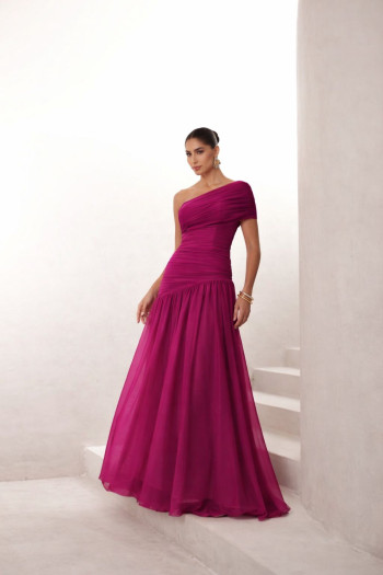 VESTIDO DE FESTA ALICE MICROTULE COM CAPA - FÚCSIA