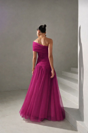 VESTIDO DE FESTA ALICE MICROTULE COM CAPA - FÚCSIA