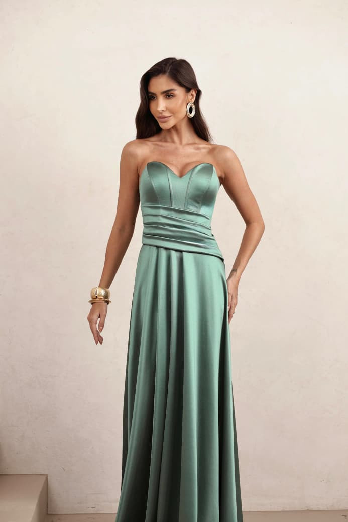 VESTIDO DE FESTA GIOVANA CREPE ACETINADO FAIXA CHOKER - VERDE OLIVA