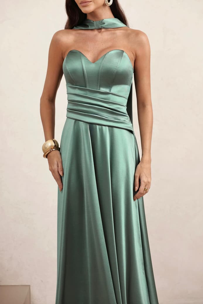 VESTIDO DE FESTA GIOVANA CREPE ACETINADO FAIXA CHOKER - VERDE OLIVA