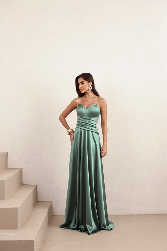 VESTIDO DE FESTA GIOVANA CREPE ACETINADO FAIXA CHOKER - VERDE OLIVA