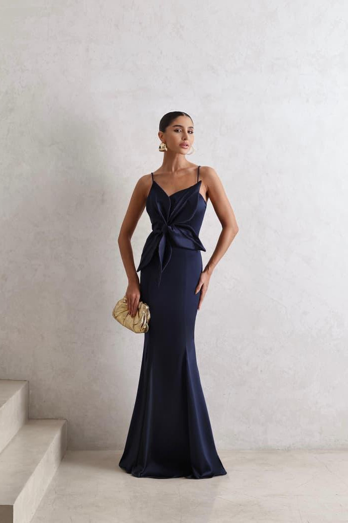 VESTIDO DE FESTA LONGO INGLATERRA FLOWERS - AZUL MARINHO