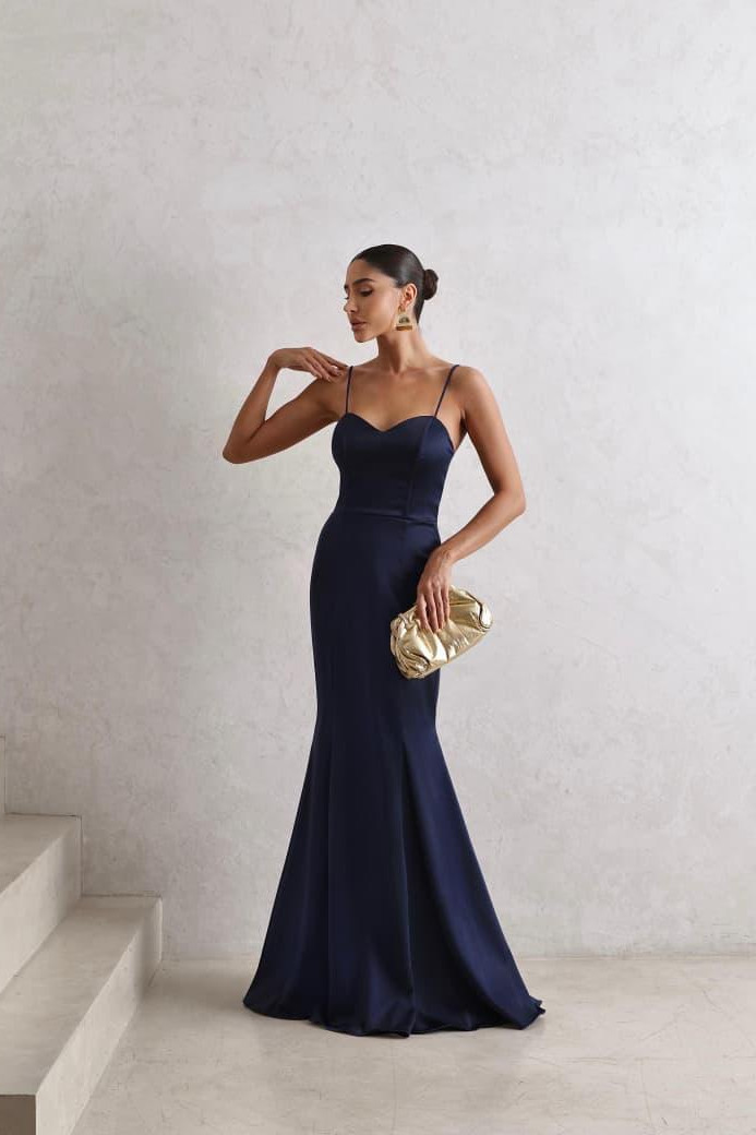 VESTIDO DE FESTA LONGO INGLATERRA FLOWERS - AZUL MARINHO