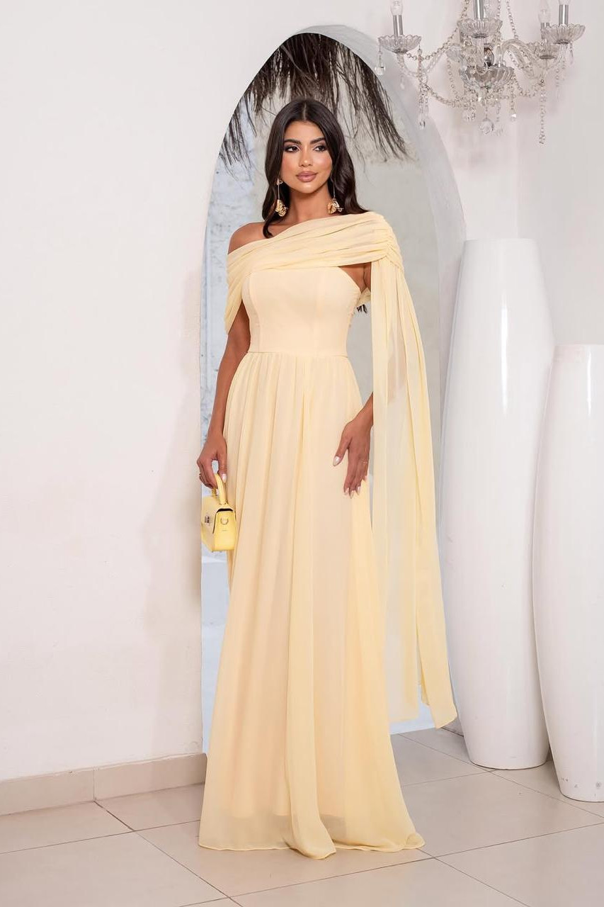 VESTIDO DE FESTA CLARICE COM ALÇA E CAPA REMOVÍVEL - AMARELO MANTEIGA