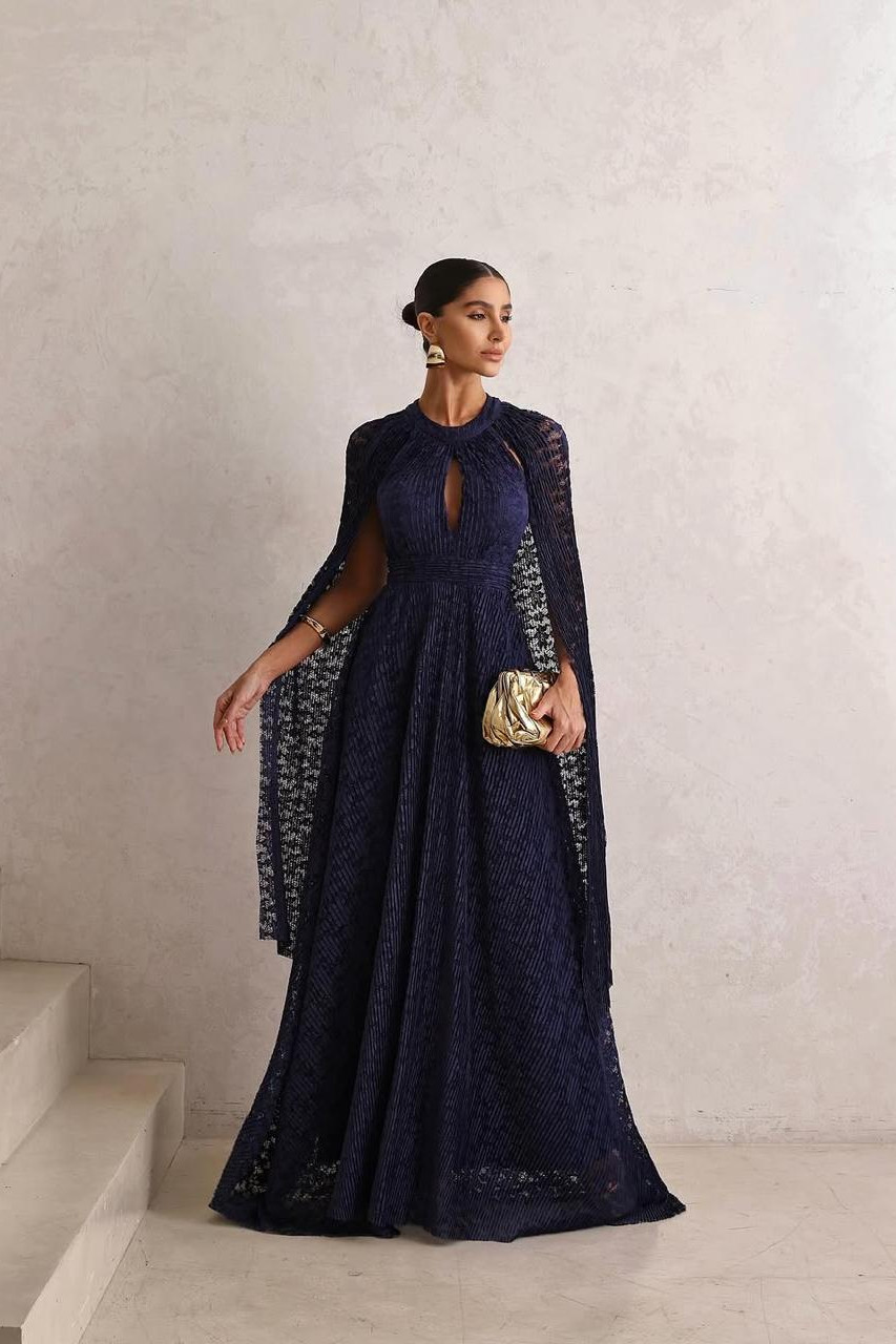 VESTIDO DE FESTA ANGRA RENDA COM CAPA REMOVÍVEL - AZUL MARINHO