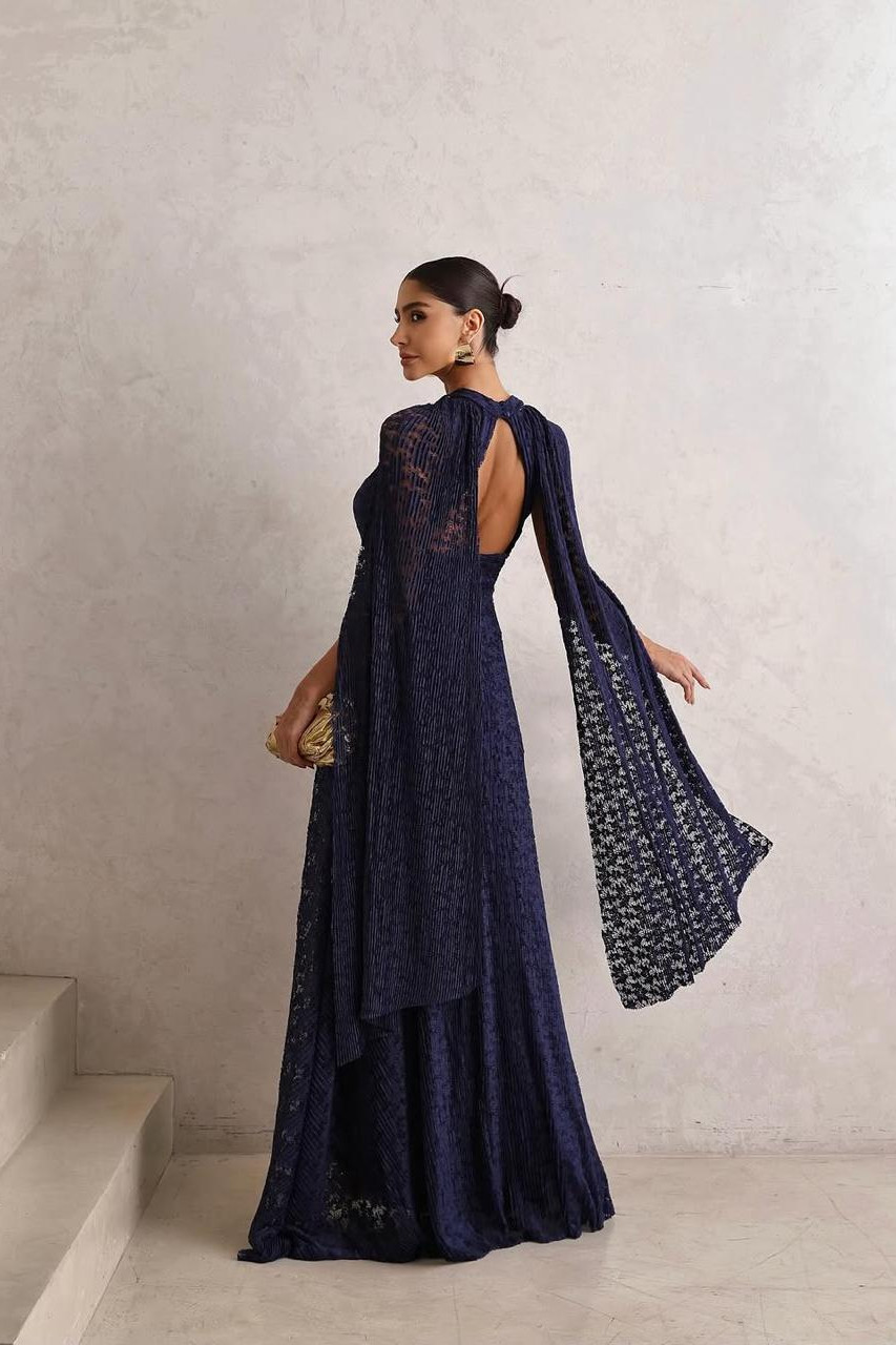 VESTIDO DE FESTA ANGRA RENDA COM CAPA REMOVÍVEL - AZUL MARINHO