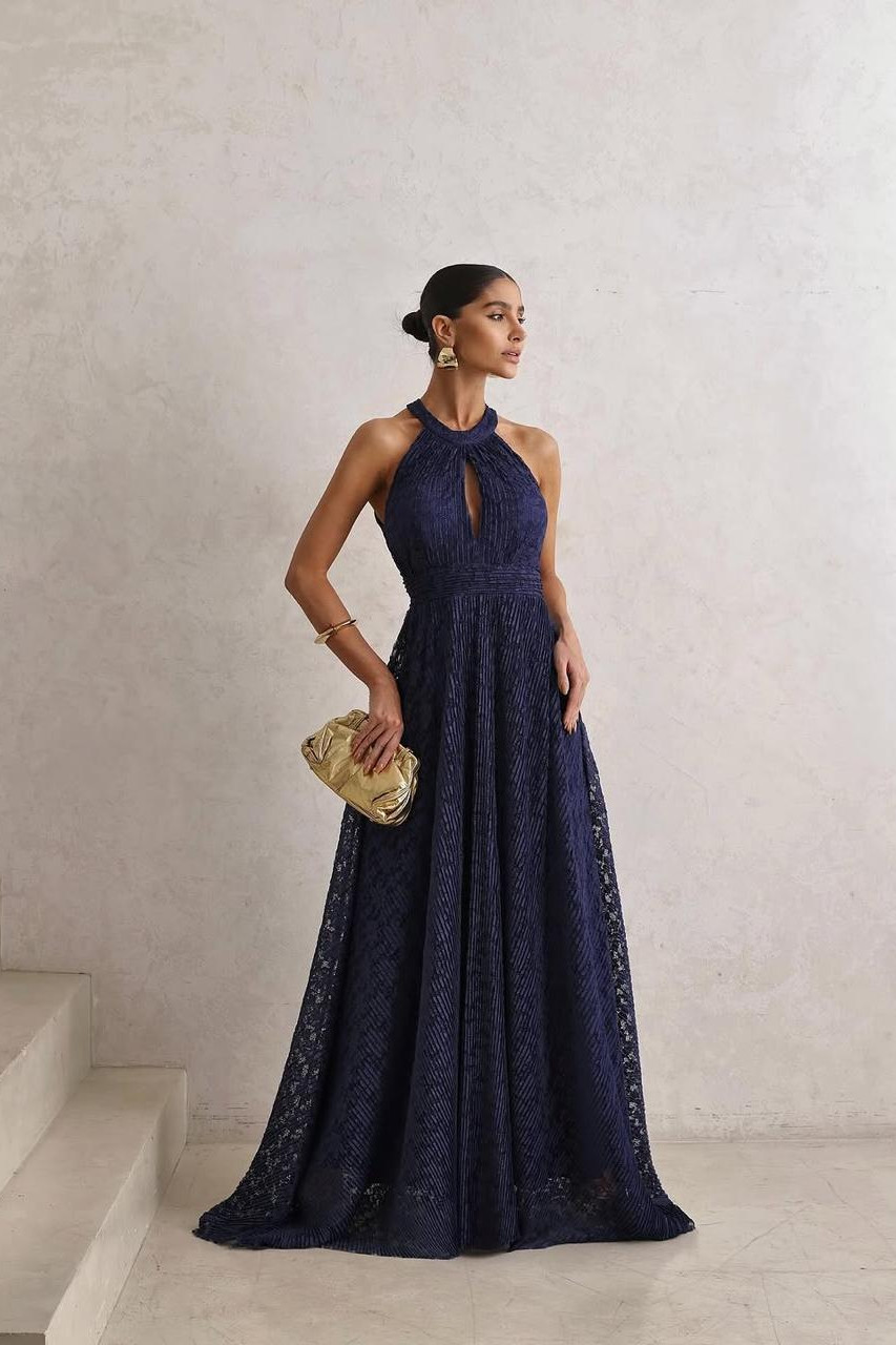 VESTIDO DE FESTA ANGRA RENDA COM CAPA REMOVÍVEL - AZUL MARINHO