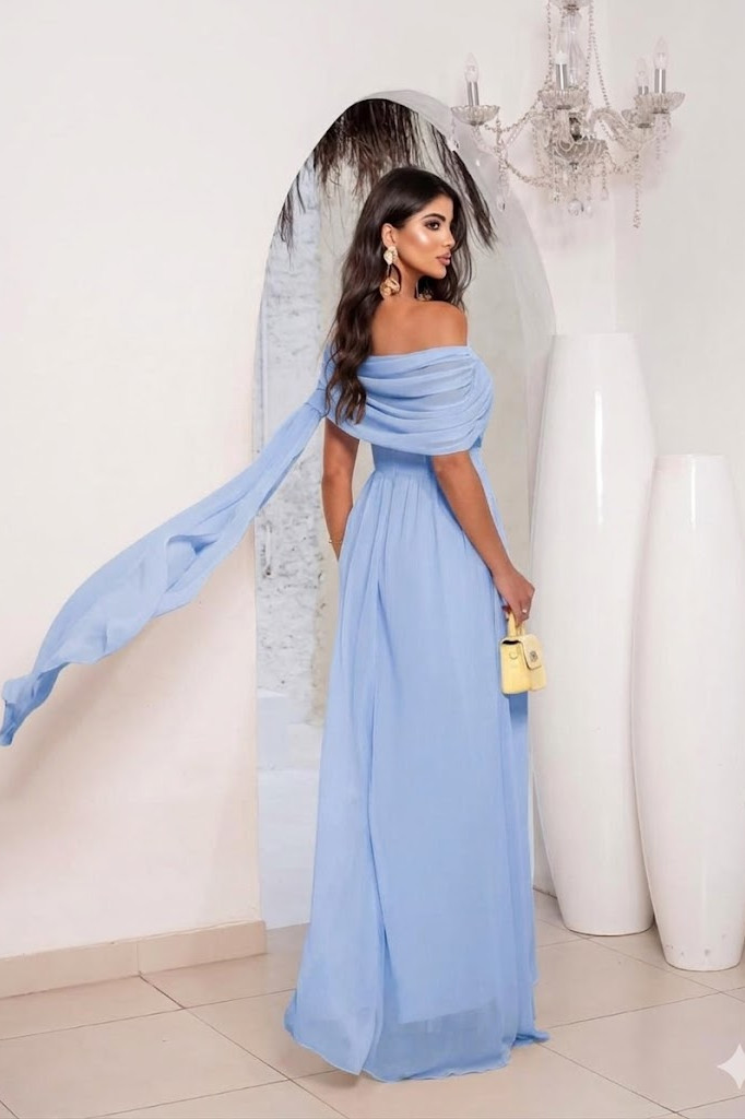 VESTIDO DE FESTA CLARICE COM ALÇA E CAPA REMOVÍVEL - AZUL SERENITY