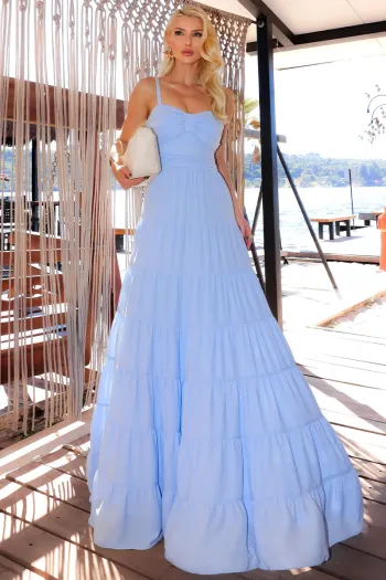 VESTIDO FLÁVIA LONGO DRAPEADO CHIFFON - AZUL SERENITY